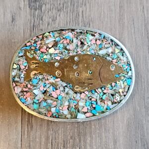 Vintage Alpaca Silver Crushed Stone Inlay Fish Belt Buckle